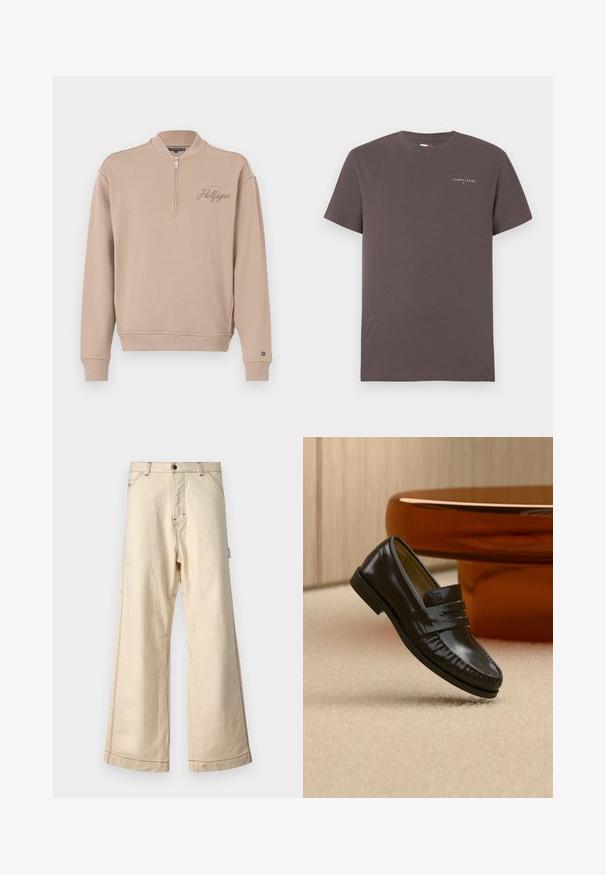 Beige Sweatshirt mit Reißverschlusskragen, gerippten Bündchen und Saum, mit dem aufgestickten "Tommy Hilfiger"-Logo auf der Brust. Weiches Material, lockere Passform.; Dunkelbraunes kurzärmeliges T-Shirt mit Rundhalsausschnitt und kleinem weißen "Tommy Jeans"-Logo auf der linken Brust.; Beige weit geschnittene Hose aus Baumwolle mit einem Reißverschluss und Knopfverschluss, mit kontrastierenden Nähten und Seitentaschen.; Glänzender schwarzer Leder-Loafer mit einem Riemendetail, auf einem beigen Teppich neben einem runden braunen Couchtisch in einem sanft beleuchteten Raum platziert.