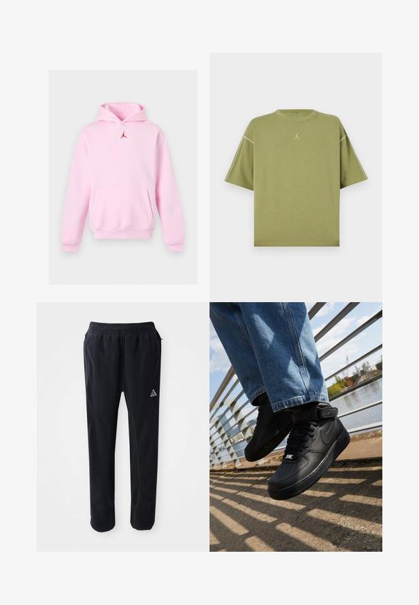 Sudadera con capucha color rosa claro con un bolsillo frontal tipo canguro y un pequeño logo rojo de Jumpman centrado debajo de la capucha.; Camiseta de manga corta oversize verde oliva con cuello redondo y pequeño logo bordado en el centro del pecho.; Pantalones atléticos negros de material suave y texturizado, con cinturilla elástica, bolsillos laterales y un acento de logo triangular en el muslo.; Zapatillas Nike Air Force 1 negras con parte superior de cuero, lengua de malla y suela de goma, que presentan un diseño de caña alta y cordones gruesos.