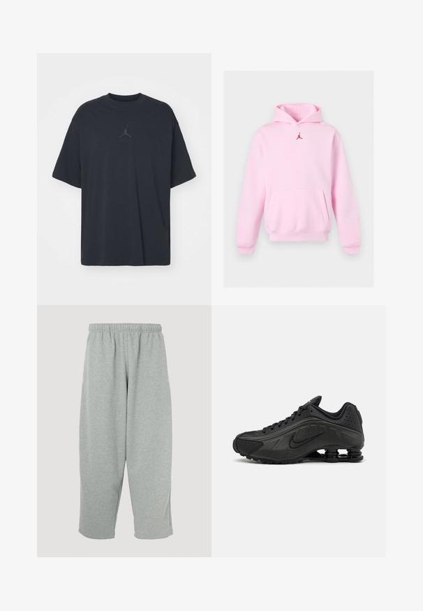 Svetloružová mikina s kapucňou s predným klokankovým vreckom a malým červeným logom Jumpman umiestneným pod kapucňou v strede.; Čierne bavlnené tričko s voľným strihom, okrúhlym výstrihom a krátkymi rukávmi, s jemným logom a textom "AIR" nad logom v strede.; Svetlosivé tepláky s elastickým pásom, zúženým strihom nohavíc a mäkkou textúrou. Bez viditeľného loga alebo vzorov.; Čierne bežecké topánky s hladkým syntetickým zvrškom, perforovanými akcentmi, textúrovanými bočnými panelmi a výraznou pružnou podrážkou.