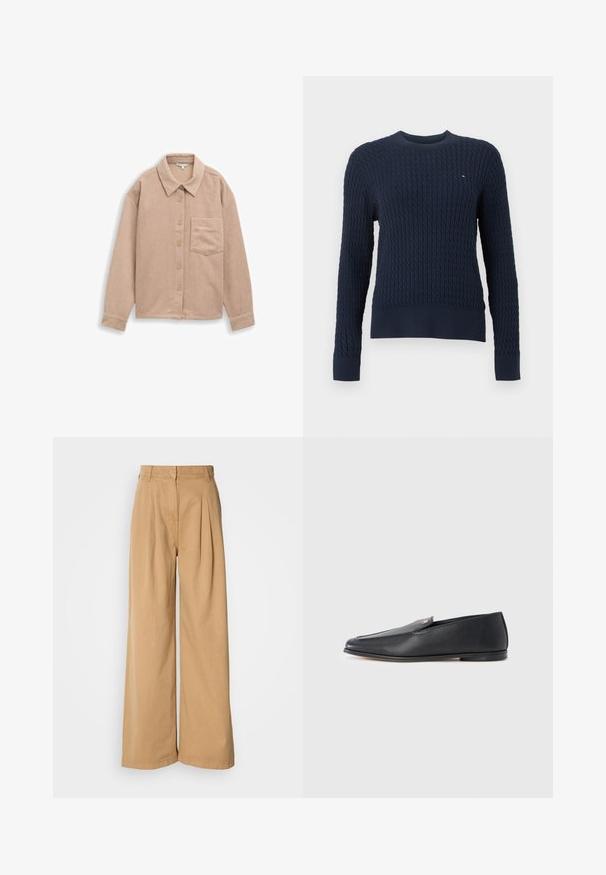 Navyblå kabelstrikket sweater med lange ærmer, rund hals, ribstrikkede ærmeafslutninger, kant og lille Tommy Hilfiger flaglogo på brystet.; Beige corduroy skjortejakke med krave, fem-knaps lukning og en enkelt brystlomme. Blød tekstur med lodret ribb.; Bredde ben bukser i tan bomuld, med folder i taljen, høj talje og en glat tekstur. Ingen synlig hardware eller mønstre.; Sorte læderloafers med en glat tekstur, rundet tå og subtile syningsdetaljer. Har en guldfarvet logoaccent på oversiden.