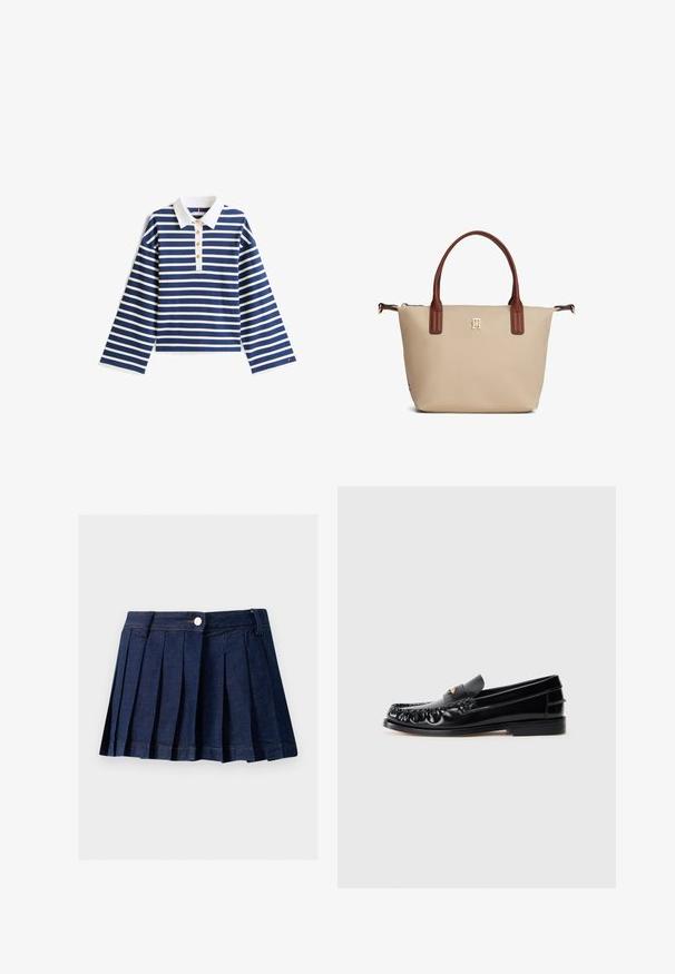 Langærmet polo-shirt med marineblå og hvide striber, hvid krave og fem gyldne knapper foran. Fremstillet af bomuldsblanding med en glat tekstur.; Mørk denim plisseret nederdel med en tætsiddende talje, knaplukning og kontrastsyning. Har pæne pliser og en lige kant.; Sorte læder loafers med rund tå, dekorativ sying og en lille gul accent på vampen. Flad gummisål, slankt design.; Beige mulepose med brune håndtag, lille guldlogo centreret under håndtagene og lynlås lukning øverst.