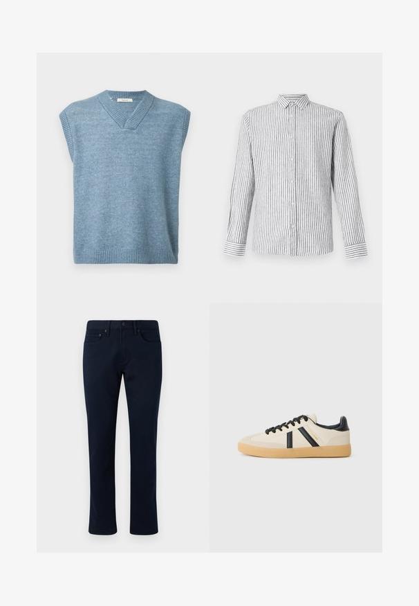 Un gilet sans manches bleu clair avec un col en V et un ourlet et un col côtelés sur fond blanc.; Chemise à manches longues à boutons de couleur gris clair avec des rayures verticales blanches. Dotée d'un col classique et de poignets avec un motif rayé.; Pantalon en denim bleu marine avec une coupe slim, présentant un design classique à cinq poches et des accents de couture subtils. Texture lisse et sans ornements.; Baskets décontractées en crème avec des rayures noires, présentant un dessus texturé et une semelle en caoutchouc. Les lacets sont noirs. Logo discret sur le côté.