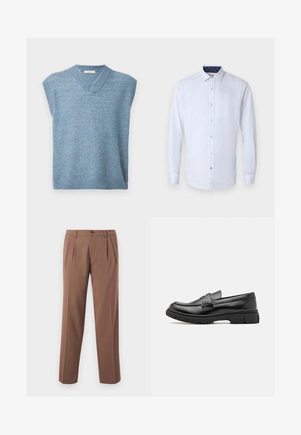 Un gilet sans manches bleu clair avec un col en V et un ourlet et un col côtelés sur fond blanc.; Chemise blanche à manches longues avec boutons, motif subtil de points bleus et col intérieur bleu marine avec de petits losanges blancs.; Pantalons plissés marron avec une coupe droite, dotés d'une fermeture à un bouton et d'un tissu lisse et texturé.; Mocassin en cuir noir avec une large sangle sur le devant, semelle en caoutchouc à épaisse rainure, et texture lisse. Design classique et élégant.