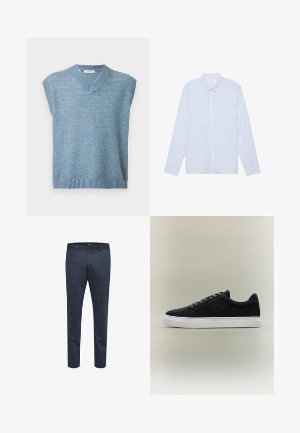 Un gilet sans manches bleu clair avec un col en V et un ourlet et un col côtelés sur fond blanc.; Chemise à manches longues à rayures bleu clair. Elle possède un col traditionnel, des boutons blancs et un tissu en mélange de coton lisse.; Pantalons bleu marine en tissu texturé avec une coupe slim, dotés d'une fermeture à bouton et de passants de ceinture, adaptés à un usage décontracté ou formel.; Baskets basses noires avec semelle en caoutchouc blanche, design à lacets et col rembourré, présentées sur un fond gris neutre.