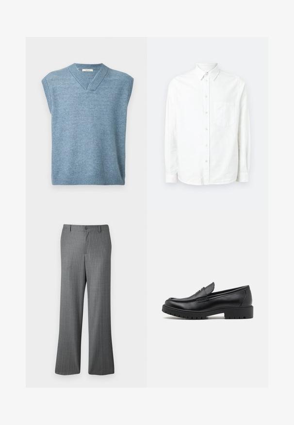 Un gilet sans manches bleu clair avec un col en V et un ourlet et un col côtelés sur fond blanc.; Chemise blanche à manches longues avec boutons, en tissu léger. Présente une poche poitrine, un col classique et une texture subtile.; Pantalons gris à rayures fines avec une coupe décontractée, dotés d'une fermeture à bouton, de passants de ceinture et de subtiles rayures bleu clair tout au long.; Mocassins en cuir noir avec un bout arrondi, un design à enfiler et une semelle en caoutchouc épaisse avec une texture antidérapante. Talon surélevé et détails de surpiqûre subtils.