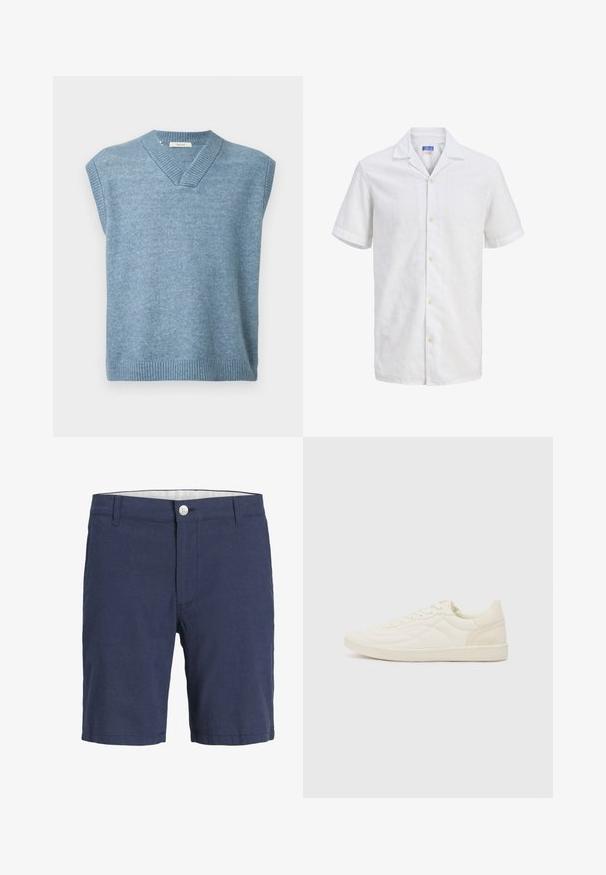 Un gilet sans manches bleu clair avec un col en V et un ourlet et un col côtelés sur fond blanc.; Chemise blanche à manches courtes, col à revers, boutons clairs et motif texturé subtil, présentée sur un fond uni.; Shorts bleu marine jusqu'aux genoux avec fermeture à boutons, passants pour ceinture et poches avant, conçus pour une tenue décontractée.; ALDO THEPITCH - Baskets basses - white