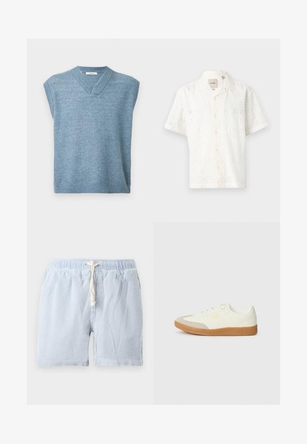 Un gilet sans manches bleu clair avec un col en V et un ourlet et un col côtelés sur fond blanc.; Chemise blanche à manches courtes en coton texturé avec un motif de broderie florale, boutonnière sur le devant et col.; Shorts rayés bleu clair en tissu doux avec une taille élastique et un cordon de serrage. Comprend des poches latérales et une coupe décontractée.; Baskets en cuir blanc avec une coque beige et une semelle en caoutchouc marron clair. Dotées de lacets blancs plats et d'un logo embossé sur le côté.