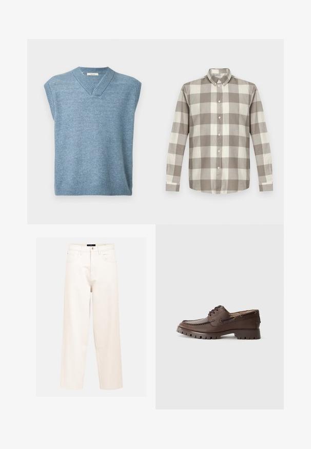 Lichtblauw mouwloos sweatervest met V-hals en geribde zoom en halslijn op een effen witte achtergrond.; Lange mouwen blouse met knopen, grote beige en witte ruiten en een puntige kraag tegen een effen achtergrond.; Lichtbeige wijdvallende jeans van katoen denim met een hoge taille, vijfzakkenontwerp en een enkele sluiting met knoop aan de voorkant.; Koffiebruin leren schoen met een moccasinontwerp, voorzien van een gestikte neus, metalen veterogen en een dikke rubberen zool met een gestructureerd patroon.