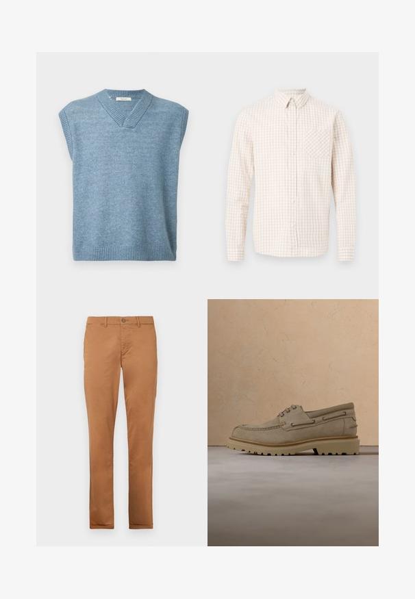 Un gilet sans manches bleu clair avec un col en V et un ourlet et un col côtelés sur fond blanc.; Chemise pour homme à manches longues avec un motif à carreaux beige et blanc, dotée d'un col pointu et d'une poche poitrine.; Chinos en coton marron avec une coupe slim, dotés d'une fermeture à bouton, de poches latérales et d'une texture lisse.; Chaussure décontractée beige en daim à lacets avec une semelle épaisse et rainurée, présentée en suspension au-dessus d'une surface texturée beige assortie et d'un arrière-plan.