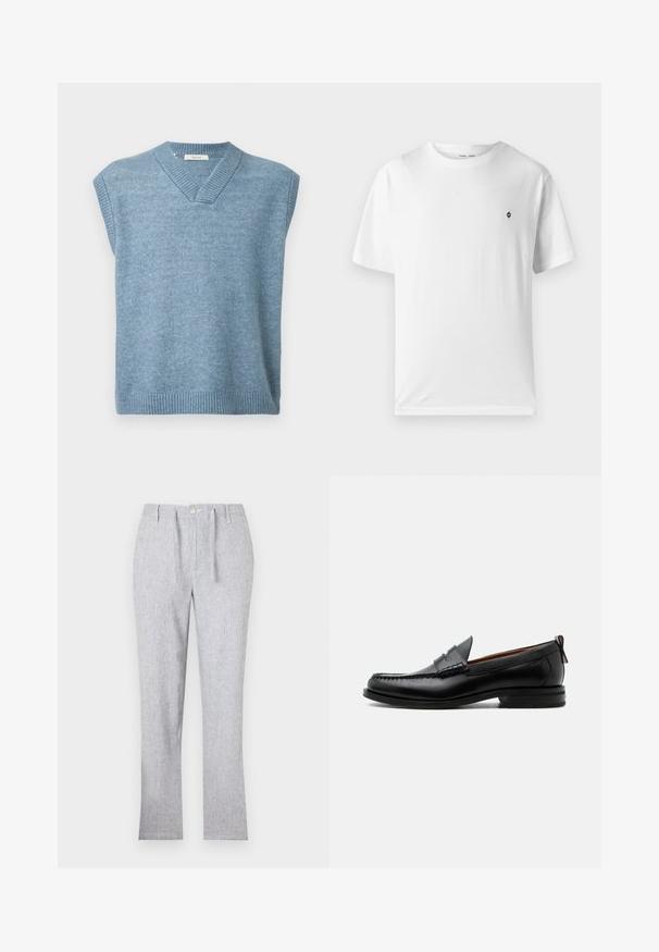 Hellblauer ärmelloser Pullover mit V-Ausschnitt und geripptem Saum sowie Kragen auf einem schlichten weißen Hintergrund.; Weißes Baumwoll-T-Shirt mit rundem Halsausschnitt, kurzen Ärmeln und einem kleinen schwarzen Logo auf der Brust. Weicher Stoff, lässige Passform.; Hellgraue Hose aus strukturiertem Stoff, mit Knopfverschluss, Gürtelschlaufen und geradem Bein-Design. Keine sichtbaren Muster.; Schwarzer Leder-Herrenschuh mit Mokassinnaht, Penny-Riemen, strukturiertem Kragen und niedrigem gestapeltem Absatz auf weißem Hintergrund.