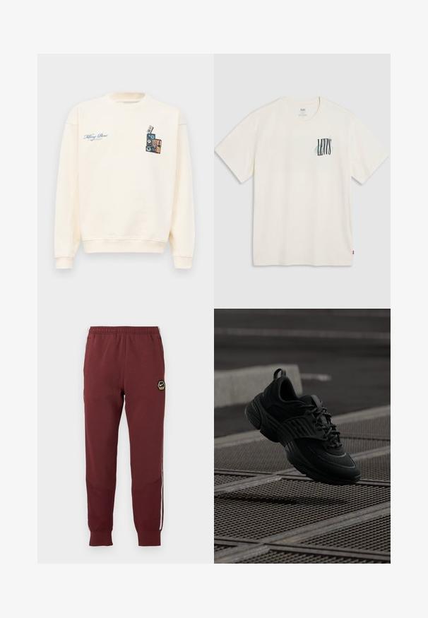 Kermanvärinen crewneck-huppari, jossa on sininen teksti "Filling Pieces" vasemmassa rinnassa ja graafinen kuva pinotusta vintage-kaiuttimesta oikeassa rinnassa.; Valkoinen Levi's lyhythihainen pyöreäkauluksinen T-paita, jossa pieni musta ja vaaleansininen Levi's-logo vasemmassa rinnassa ja punainen lippu sivusaumassa.; Bordeaux-huonoja verkkarit, joissa on kuusikulmainen Nike-logo, joustava vyötärö, kaksi sivutaskua ja valkoiset sivuviivat. Teksturoitu kangas ja kapeneva lahjesuunnittelu.; Mustat urheilukengät, joissa on teksturoitu verkko-osa ja kumipohja, paksu siluetti ja nauhoitusjärjestelmä tukevan istuvuuden takaamiseksi.