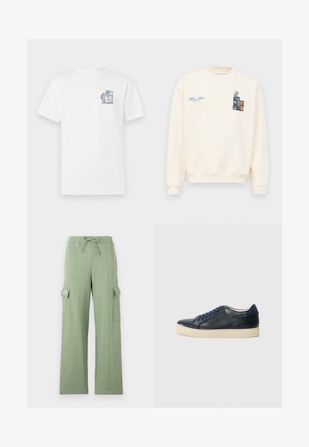 Crèmekleurige crewneck sweatshirt met blauwe tekst "Filling Pieces" op de linkerborst en een afbeelding van gestapelde vintage speakers op de rechterborst.; Wit T-shirt met korte mouwen van katoen, voorzien van een blauwe graphic op de borst van een wasbeer naast een vuilnisbak en de tekst "STANCE."; Lichtgroene cargobroek van een katoenmix; heeft een elastische taille, trekkoord, wijde pijpen en twee zijzakken met klepsluitingen.; Marineblauwe leren sneaker met een crèmekleurige rubbersole, voorzien van blauwe veters en een gladde textuur. Ronde neus en minimalistisch ontwerp.
