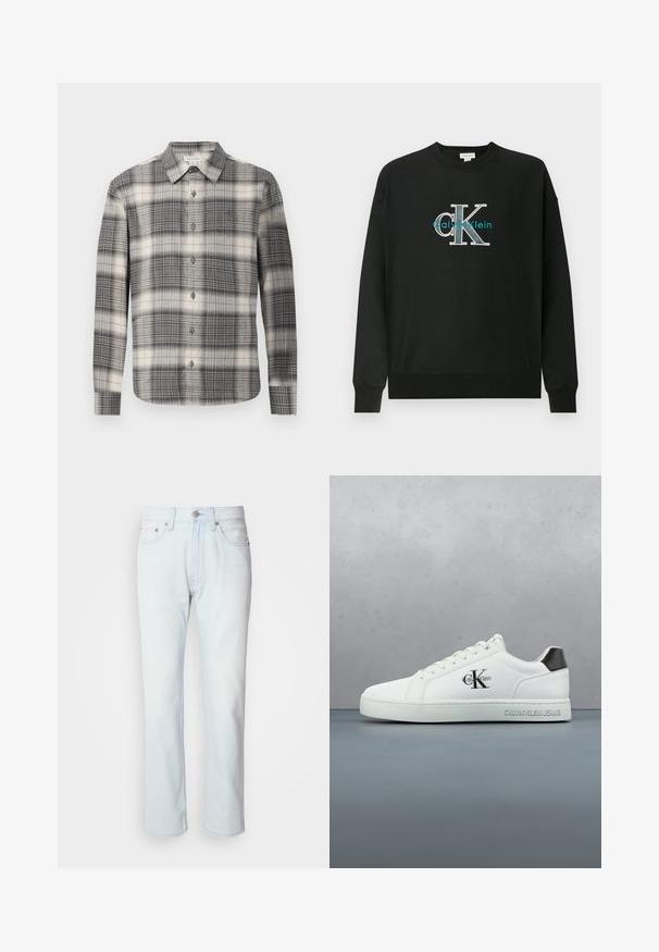 Zwarte sweatshirts gemaakt van katoen, met een ronde hals, lange mouwen en een grafisch logo "CK" in wit en teal op de borst.; Langearmige geruite shirt in zwart en crème. Voorzien van een knoopsluiting aan de voorkant, klassieke kraag en een gevarieerd ruitpatroon. Zachte stoftextuur.; Lichtblauwe denim jeans met een rechte pijp. Voorzien van een knoopsluiting en riemlussen, met een vervaagde textuur en minimale stiksels.; Witte leren sneaker met een gladde afwerking, veterontwerp, ronde neus en een contrasterend zwart hakaccent. Rubberen zool voor grip.