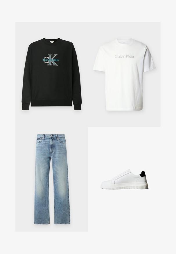 Sudadera negra de algodón, con cuello redondo, mangas largas y un logo gráfico "CK" en blanco y verde azulado en el pecho.; Camiseta blanca de manga corta hecha de algodón, con un logo gris de "Calvin Klein" en el pecho con una tipografía minimalista.; Vaqueros de mezclilla azul claro de corte recto con cintura alta, cinco bolsillos, cierre de botón y sutil desgaste en los muslos y las rodillas.; Zapatillas de cuero blanco con un detalle en el talón negro, que cuentan con cordones planos, punta redondeada y una suela de goma acanalada para mejor agarre.