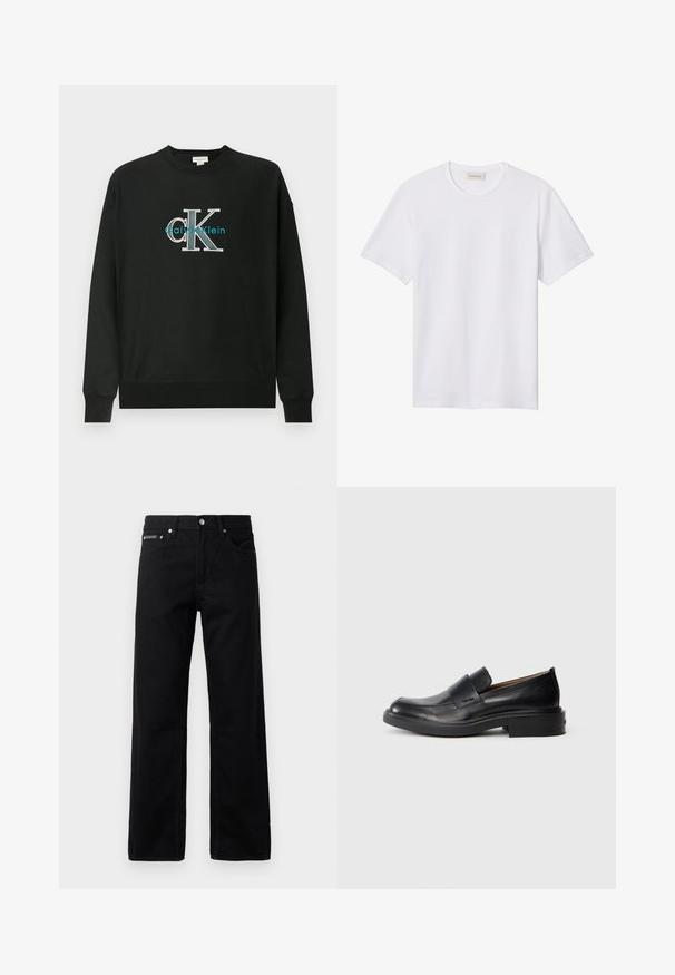 Schwarzer Sweatshirt aus Baumwolle mit Rundhalsausschnitt, langen Ärmeln und einem grafischen "CK"-Logo in Weiß und Türkis auf der Brust.; Ein schlichtes weißes T-Shirt mit kurzen Ärmeln und Rundhalsausschnitt, mit einem kleinen, geprägten Logo auf der linken Brust und einem Markenlabel im Kragen.; Schwarze Denim-Jeans mit geradem Bein, fünf Taschen und einem Logotag auf der Vorderseite, mit Metallbeschlägen und einer glatten Textur.; Schwarze Leder-Pantoletten mit niedrigem Absatz und dezentem Calvin Klein-Logo an der Seite, im Profil vor einem weißen Hintergrund dargestellt.