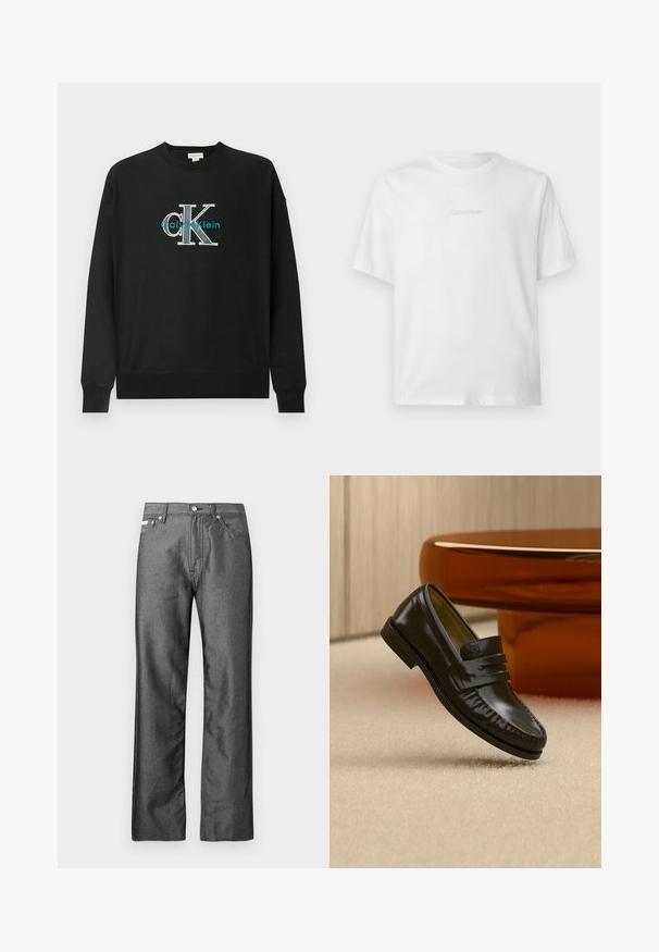 Sweat-shirt noir en coton, avec un col rond, des manches longues, et un logo graphique "CK" en blanc et bleu sarcelle sur la poitrine.; T-shirt blanc à manches courtes avec col rond, avec un discret logo Calvin Klein embossé centré sur la poitrine.; Jean en denim gris avec une coupe droite, cinq poches, et des accents en boutons métalliques et rivets. Présente une texture subtile.; Mocassin en cuir noir brillant avec un détail de bride, posé sur un tapis beige près d'une table basse ronde en bois brun dans une pièce doucement éclairée.
