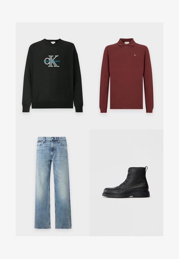 Sweat-shirt noir en coton, avec un col rond, des manches longues, et un logo graphique "CK" en blanc et bleu sarcelle sur la poitrine.; Polo-shirt à manches longues bordeaux en coton, arborant un col classique, une patte de boutonnage à trois boutons et un petit logo brodé sur la poitrine.; Jean droit en denim bleu clair avec taille haute, cinq poches, fermeture à boutons et léger délavage sur les cuisses et les genoux.; Botte à lacets en cuir noir texturé, avec une semelle épaisse et une languette à l'arrière, vue de côté.