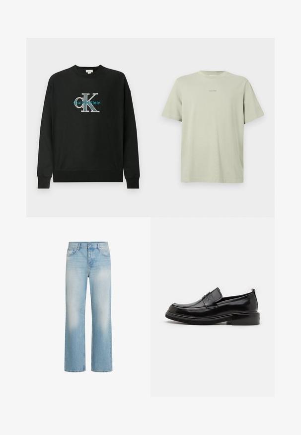 Sudadera negra de algodón, con cuello redondo, mangas largas y un logo gráfico "CK" en blanco y verde azulado en el pecho.; Camiseta de algodón verde clara con cuello redondo, mangas cortas y un pequeño logo de Calvin Klein en una tonalidad más oscura impreso en el pecho.; Jeans de mezclilla azul claro con un diseño de pierna recta, detalles de desgaste, estilo de cinco bolsillos, cierre de botón y presillas para cinturón en la cintura.; Calvin Klein MOCCASIN - Mocasines elegantes - black