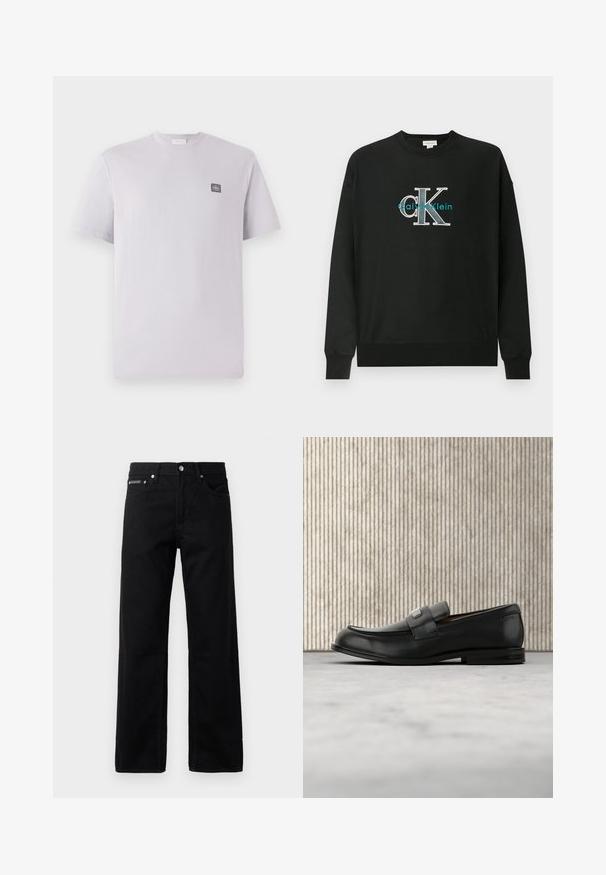 Sort sweatshirt lavet af bomuld med rund hals, lange ærmer og et grafisk logo "CK" i hvid og teal på brystet.; Lys lavendelfarvet kortærmet t-shirt lavet af bomuld med rund hals og et lille mørkt logo-patch på venstre bryst. Glat tekstur.; Sorte denim jeans med lige ben, fem lommer og et logo-tag foran, med metalbeslag og en glat tekstur.; Sort læderloafer med metalbrandskilt hvilende nær et brunt rundt bord på beige tæppe.