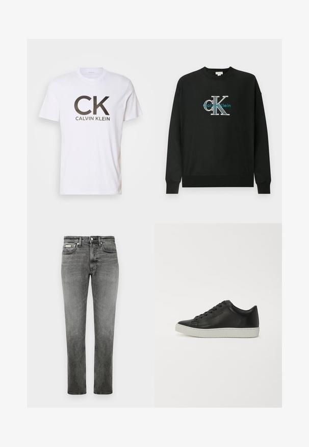 Schwarzer Sweatshirt aus Baumwolle mit Rundhalsausschnitt, langen Ärmeln und einem grafischen "CK"-Logo in Weiß und Türkis auf der Brust.; Weißes Baumwoll-T-Shirt mit einem großen schwarzen "CK"-Logo und dem Text "CALVIN KLEIN" darunter. Klassischer Rundhalsausschnitt und kurze Ärmel.; Graue gerade geschnittene Jeans aus Denim mit Vordertaschen, Gürtelschlaufen, Knopfverschluss und dezenten Ausbleichungen.; Schwarze Leder-Sneaker mit runder Spitze, flacher weißer Gummisohle und einer Schnürung mit sechs Ösen. Glatte Textur, minimalistischer Stil.