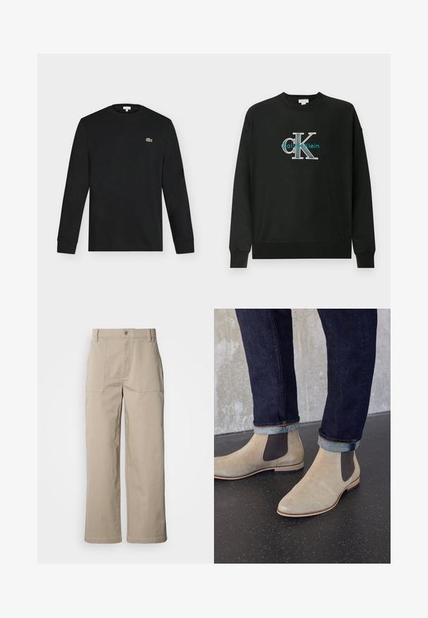 Sort sweatshirt lavet af bomuld med rund hals, lange ærmer og et grafisk logo "CK" i hvid og teal på brystet.; Sort langærmet crew neck skjorte med lille grønt krokodillelogo på venstre bryst, vist mod en ensartet lys baggrund.; Beige bukser med vide ben lavet af bomuld; har forlommer, knaplukning og synlig syning langs kanterne.; Lyse beige ruskind Chelsea-støvler med mørke elastiske sidepaneler, båret med mørke op rullede denimjeans på sort plettet gulv.