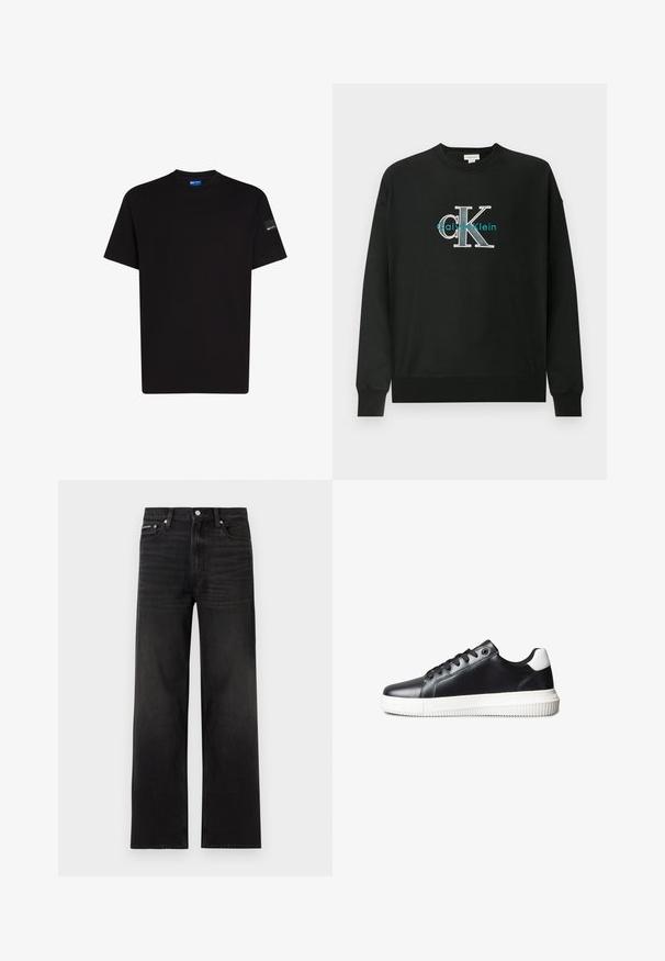 Sudadera negra de algodón, con cuello redondo, mangas largas y un logo gráfico "CK" en blanco y verde azulado en el pecho.; Camiseta de algodón negra con mangas cortas, escote redondo y un pequeño detalle de etiqueta en la manga izquierda. Textura suave, corte estándar.; Jeans negros de pierna recta con diseño de cinco bolsillos, presillas para cinturón y cierre de botón, mostrados sobre un fondo blanco.; Zapatillas negras de cuero con textura suave, suela de goma blanca, diseño con cordones y un acento blanco en el talón que contrasta.