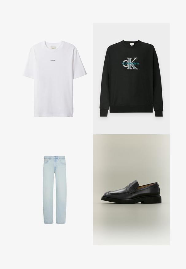 Zwarte sweatshirts gemaakt van katoen, met een ronde hals, lange mouwen en een grafisch logo "CK" in wit en teal op de borst.; Witte katoenen T-shirt met een ronde hals en korte mouwen. Heeft een klein zwart "Calvin Klein"-logo in het midden van de borst.; Lichtblauwe denim jeans met rechte pijpen, vooraan knoop- en ritssluiting, riemlussen en voorzakken.; Zwarte leren herenloafer met een lage hak en een banddetail over het bovenwerk, getoond in profiel op een neutrale achtergrond.