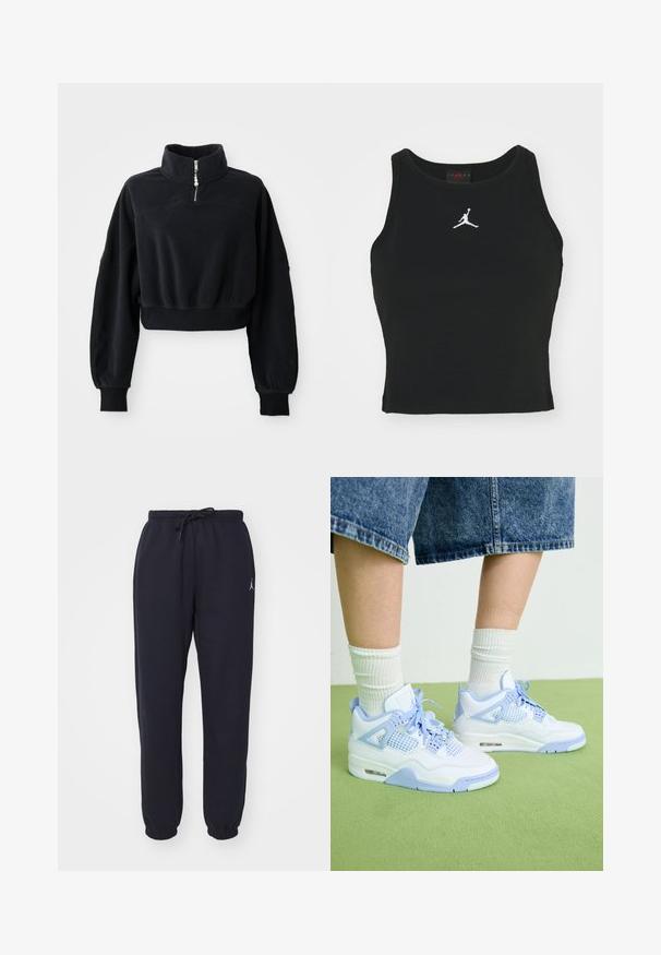 Zwarte cropped sweatshirt met een hoge kraag, ritssluiting tot halverwege en lange, iets gepofte mouwen. Gemaakt van zachte, gestructureerde stof.; Zwarte, op maat gemaakte tanktop van katoen, met een ronde halslijn en een wit Jordan-logo dat op het midden van de voorkant is gestikt. Soepele textuur.; Navy joggingsbroek gemaakt van zacht materiaal, met een elastische tailleband met drawstring, taps toelopende pijpen en een klein wit logo aan de voorkant.; Witte en lichtblauwe sneakers met gaasaccenten, een ronde neus, veters en een luchtkusseneenheid, gecombineerd met witte geribde sokken en denim short.