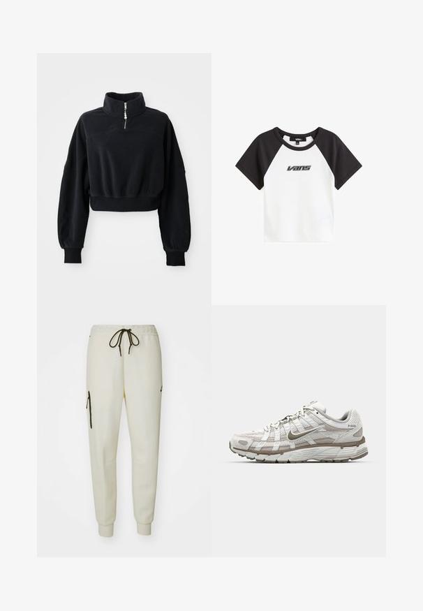 Schwarzes, kurz geschnittenes Sweatshirt mit einem hohen Kragen, halber Reißverschluss und langen, leicht gepufften Ärmeln. Hergestellt aus weichem, strukturiertem Stoff.; Weißes T-Shirt mit schwarzen Raglanärmeln und einem schwarzen Vans-Logo auf der Vorderseite. Es hat einen Rundhalsausschnitt und ein kurzes Design.; Helle Jogginghose in Cremefarbe mit elastischem Bund, verstellbarem Kordelzug, seitlichen Taschen und einer Reißverschlusstasche am linken Oberschenkel.; Weißer Sportschuh mit einem Obermaterial aus Mesh, hellbraunen Akzenten und einer gepolsterten Sohle. Verfügt über eine Schnürung und beschriftete Seiten.