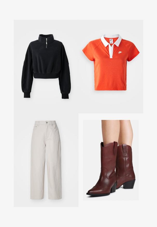 Schwarzes, kurz geschnittenes Sweatshirt mit einem hohen Kragen, halber Reißverschluss und langen, leicht gepufften Ärmeln. Hergestellt aus weichem, strukturiertem Stoff.; Oranges Polohemd mit weißem Kragen, kurzen Ärmeln und Nike-Logo in Weiß auf der linken Brust. Hergestellt aus einem weichen Baumwollmischmaterial.; Beige weite Baumwollhosen mit hoher Taille, Knopf- und Reißverschluss, und vier Taschen; glatte Textur mit Jeansoptik.; Beine, die mittelhohe, dunkelbraune Lederstiefel im Western-Stil mit spitzen Zehen und Blockabsätzen tragen, vor einem weißen Hintergrund.