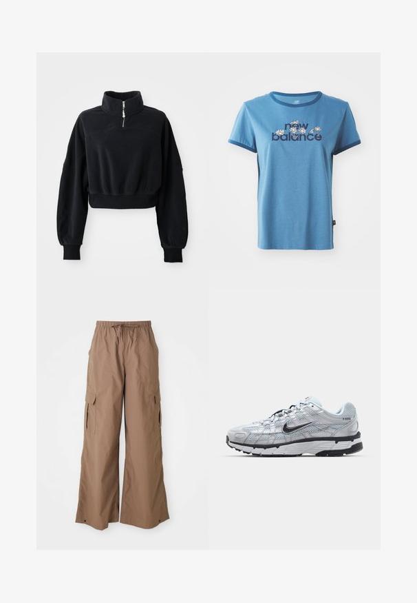 Sweatshirt noir court avec un col montant, fermeture éclair demi-zippée et manches longues légèrement bouffantes. Fabriqué en tissu doux et texturé.; T-shirt en coton bleu à manches courtes, avec des bordures marines, arborant le texte "new balance" et des motifs floraux en blanc et jaune sur le devant.; Pantalons cargo amples marron avec taille à cordon et poches latérales à rabat, design à jambes larges, présentés sur fond blanc.; Baskets Nike P-6000 avec une tige en mesh gris clair, des accents noirs et une semelle en caoutchouc noir durable. Présente un design complexe et un système de laçage.