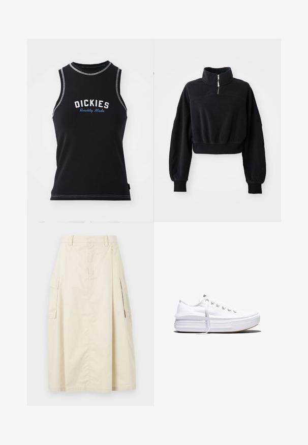 Zwarte cropped sweatshirt met een hoge kraag, ritssluiting tot halverwege en lange, iets gepofte mouwen. Gemaakt van zachte, gestructureerde stof.; Zwarte mouwloze tanktop met grijze stiksels. Voorzien van het "DICKIES" logo in wit en blauw. Gemaakt van een gladde, rekbare stof.; Beige, knielange rok van katoen. Beschikt over twee zijcargo zakken en een voorplooing, met een tailleband en verborgen ritsluiting.; Witte lage canvas sneaker met dikke plateauzool, veters aan de voorkant en rubberen toeskap met structuur, zijaanzicht.
