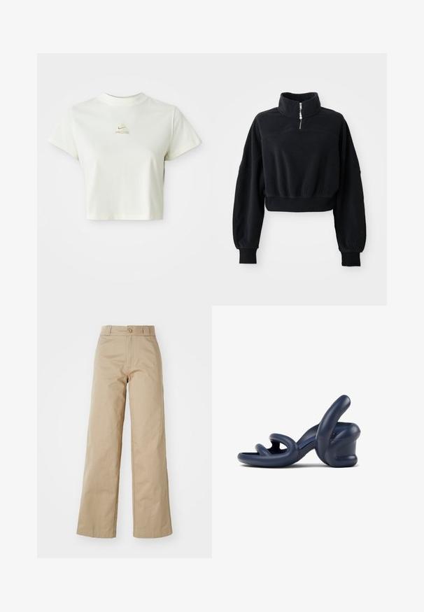 Schwarzes, kurz geschnittenes Sweatshirt mit einem hohen Kragen, halber Reißverschluss und langen, leicht gepufften Ärmeln. Hergestellt aus weichem, strukturiertem Stoff.; Kurzes weißes cropped T-Shirt mit einem kleinen beigen Nike ACG Logo, das zentriert unter dem Ausschnitt platziert ist.; Beige weitgeschnittene Hose aus Baumwolle, mit Knopfverschluss und Gürtelschlaufen, glatt im Griff und sauber verarbeitet.; Dunkelblaue High-Heel-Sandale aus glattem synthetischen Material; verfügt über gebogene Riemen und ein einzigartiges skulptiertes Absatzdesign.