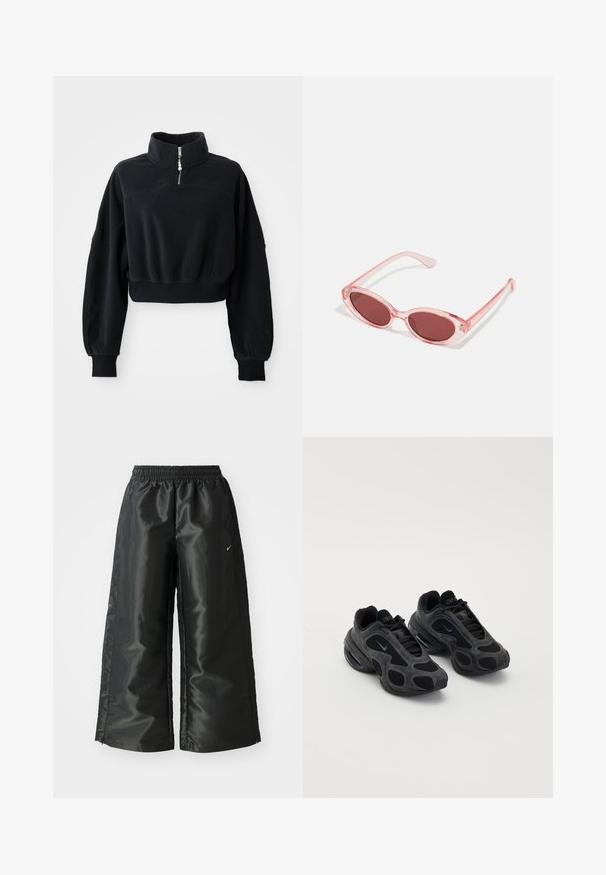 Schwarzes, kurz geschnittenes Sweatshirt mit einem hohen Kragen, halber Reißverschluss und langen, leicht gepufften Ärmeln. Hergestellt aus weichem, strukturiertem Stoff.; Schwarze Sporthose aus glänzendem, glattem Stoff, mit einem elastischen Bund, weitem Bein und einem kleinen Logo auf der linken Seite.; Schwarze Nike-Sneaker mit Mesh- und Wildlederpaneelen, einzigartigen Ausschnitten und gepolsterten Kragen. Glänzende Akzente an den Seiten betonen ein modernes Design.; Pink transparente Sonnenbrille mit ovalen Gläsern, dunkler roter Tönung und schlanken Bügeln, ausgestattet mit einer glatten Oberfläche und dezenten Details am Rahmen.