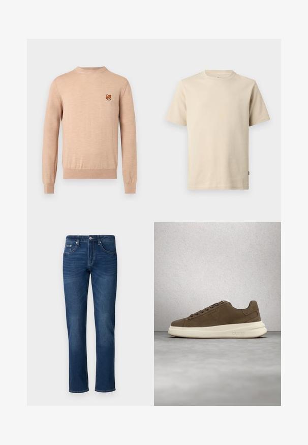 Beige trui met lange mouwen en ronde hals, met geribbelde boorden en zoom, voorzien van een klein oranje vosshoofd embleem op de linkerborst.; Beige katoenen T-shirt met korte mouwen en een ronde hals, voorzien van minimale stiksels en een klein tonale logo op de linkerborst.; Blauwe straight-leg denim jeans met een voorste knoop en rits, voor- en achterzakken, en subtiele whiskering details.; Bruine suède sneaker met een crèmekleurige rubberen zool, platte veters en een logo aan de zijkant. Lichtgewicht ontwerp en gladde textuur.