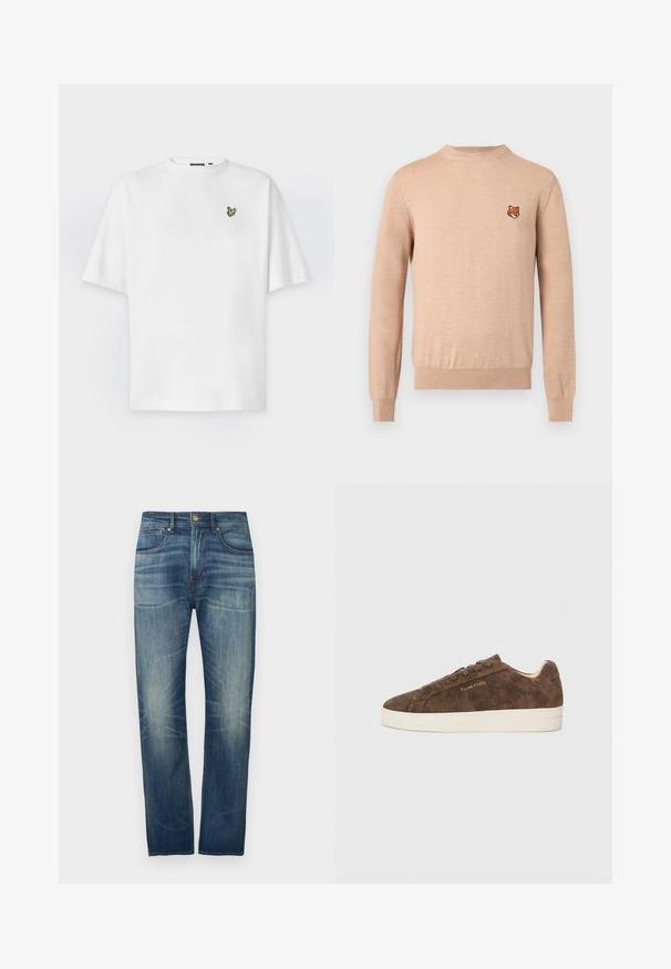 Pull beige à manches longues avec col rond, poignets et ourlet côtelés, arborant un petit emblème de tête de renard orange sur le côté gauche de la poitrine.; T-shirt blanc uni à manches courtes avec un petit logo oiseau jaune et noir sur la poitrine gauche et un col rond.; Jean en denim bleu foncé à coupe droite, avec un léger délavage, cinq poches et une fermeture par bouton à la taille.; Baskets en daim marron avec une silhouette basse, un bout arrondi et une semelle en caoutchouc blanc. Elles présentent des lacets foncés et un logo discret sur le côté.