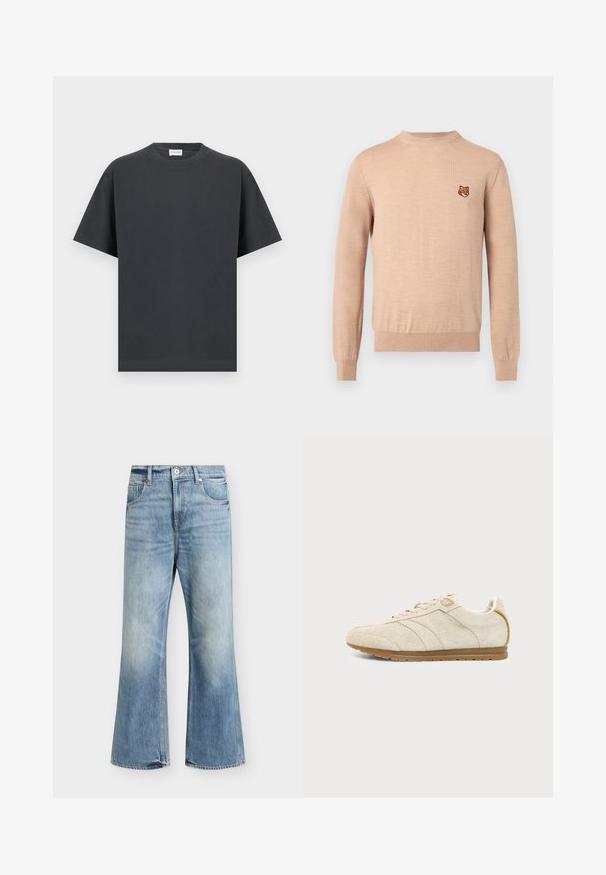 Pull beige à manches longues avec col rond, poignets et ourlet côtelés, arborant un petit emblème de tête de renard orange sur le côté gauche de la poitrine.; T-shirt noir à manches courtes avec col rond et ourlet droit, présenté à plat sur un fond gris clair.; Jean bleu clair taille haute jambe large, fermeture devant par bouton et zip, deux poches avant et délavage subtil sur les cuisses et les genoux.; Baskets en daim beige avec semelle gomme, fermeture à lacets à l’avant et détails de couture subtils sur un fond uni gris clair.