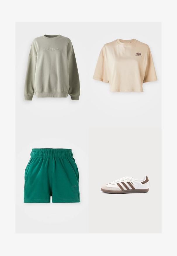 Sweatshirt vert olive en tissu doux, avec un col rond, des épaules tombantes et un logo adidas blanc en relief à l'avant.; T-shirt beige cropped en coton, avec des manches courtes, un col rond et un graphique de logo marron sur la poitrine gauche.; Shorts décontractés verts à taille élastique avec poches latérales et logo discret sur la cuisse droite.; Baskets Adidas Samba blanches avec des bandes en daim marron, semelle en caoutchouc marron et bout en daim beige, vues du côté extérieur sur un fond uni.