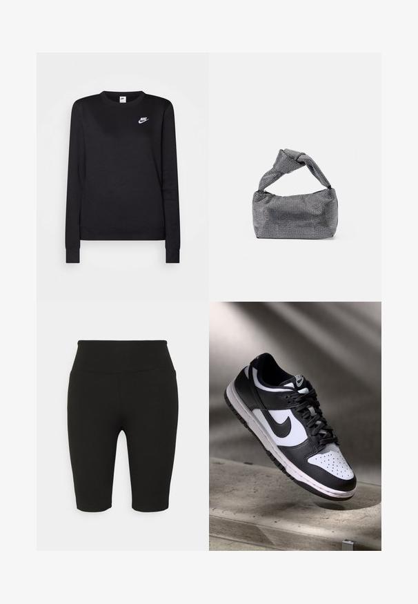 Zwarte sweatshirt gemaakt van zacht materiaal, met een ronde hals, lange mouwen en een klein wit Nike-logo op de borst.; YAS YASAZZURRO BIKER SHORTS - Shorts - black; Zwart-witte Nike Dunk Low sneaker met een leren bovenwerk, geperforeerde neus, en zwarte veters, met een witte zool en logo-accenten.; Zwarte en zilveren handtas met een gestructureerd oppervlak dat een diamanten patroon vertoont, een geknoopt handvat en een gestructureerde vorm.