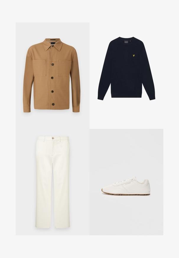 Marineblauer Langarm-Pullover mit Rundhalsausschnitt und kleinem gelben gestickten Adler-Logo auf der linken Brust.; BOSS CRAIG - Hemd - medium beige; Beige Baumwollhosen mit geradem Bein, ausgestattet mit Vordertaschen, einem Knopfverschluss und dezenter Nahtdetailierung.; Weiße Sportschuh mit einem glatten Lederobermaterial, beiger Gummisohle, runder Zehenpartie und einfachem Schnürsystem. Verfügt über dezente Logodetails.