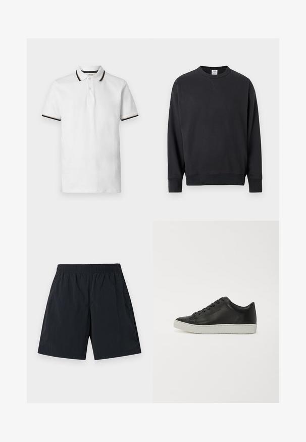 Sweat-shirt noir à manches longues avec col rond, poignets et ourlet côtelés, comportant un petit détail cousu sous l'encolure.; Polo blanc à manches courtes avec rayures noires et beiges sur le col et les bords des manches, patte à deux boutons et tissu en coton doux.; Shorts noirs à taille élastique, coupe droite, longueur mi-cuisse, sans logos ni motifs visibles.; Baskets en cuir noir avec un bout rond, semelle plate en caoutchouc blanc et lacets à six œillets. Texture lisse, style minimaliste.