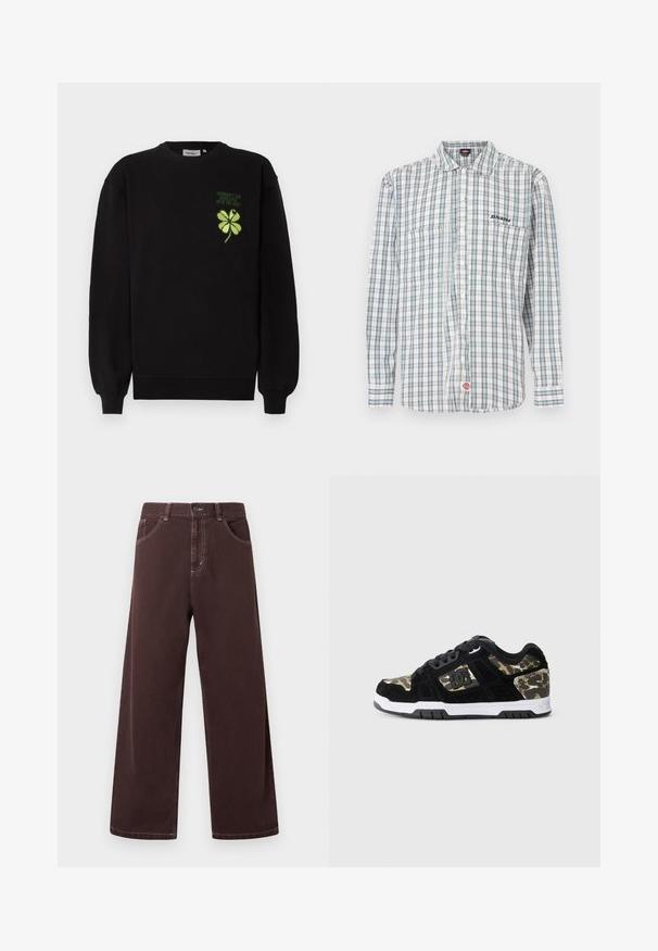 Zwarte sweatshirt van zacht stof, met een groen geborduurd klaverblad met vier blaadjes en tekst op de borst. Geribbelde boorden en zoom.; Geruite overhemd met knopen in wit, groen en blauw. Heeft lange mouwen, een kraag, twee borstzakken en een geborduurd logo op de borst.; Donkere bruine, hoogtalige, wijde broek met knopen aan de voorkant en ritssluiting, zijzakken en zichtbare stiksels op een witte achtergrond.; Zwarte suède sneaker met een camouflagemotief aan de zijkant, witte tussenzool en zwarte rubberen zool. Bevat veters en logo-details aan de zijkant.