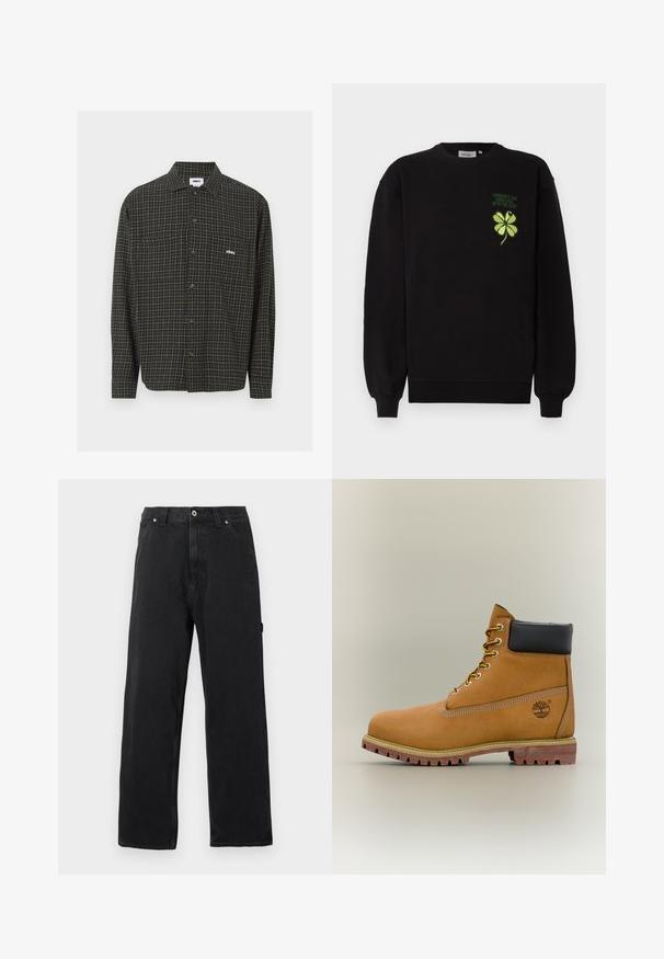 Sort sweatshirt af blødt stof med et grønt broderet firekløver og tekst på brystet. Ribstrikkede ærmegab og kant.; Grøn og sort ternet skjorte med lange ærmer, to brystlommer og et lille hvidt logo på venstre side.; Sorte jeans med lige ben, forlommer, bæltestropper, knaplukning og synligt søm på ensfarvet baggrund.; Brun læderankelstøvle med sort krave, gule snørebånd og tanfarvet sål. Har logo og hvide syninger som detalje. Robust ydersål med greb.