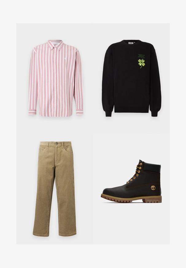 Sweat-shirt noir en tissu doux, avec un trèfle à quatre feuilles vert brodé et un texte sur la poitrine. Poignets et ourlet côtelés.; Chemise à boutons rayée rose et blanche. Comprend un col, des manches longues et un petit logo. Fabriquée en tissu tissé.; Pantalon en velours côtelé marron clair, avec une coupe droite, cinq poches et une fermeture à bouton. Tissu texturé avec un léger effet de côtes.; Bottine noire en cuir avec œillets dorés, accents marron et semelle en caoutchouc. Comprend un col rembourré et un logo estampé sur le côté.