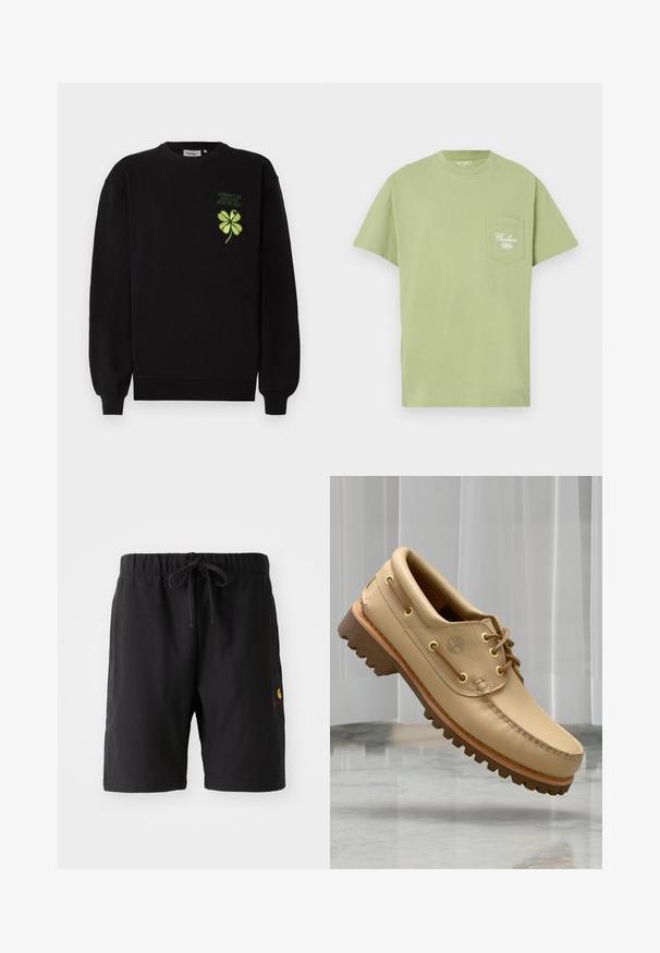 Sweat-shirt noir en tissu doux, avec un trèfle à quatre feuilles vert brodé et un texte sur la poitrine. Poignets et ourlet côtelés.; T-shirt en coton vert clair à manches courtes, col rond, et une poche poitrine ornée d'un texte brodé en blanc. Design simple et sans ornements.; Shorts noirs avec une taille élastique et un cordon de serrage. Présente une poche latérale et un petit logo rouge et jaune sur le bas à gauche.; Chaussure bateau en cuir marron clair avec semelle épaisse et striée et détails de lacets, flottant au-dessus d'un sol en marbre et d'un fond de stores verticaux blancs.