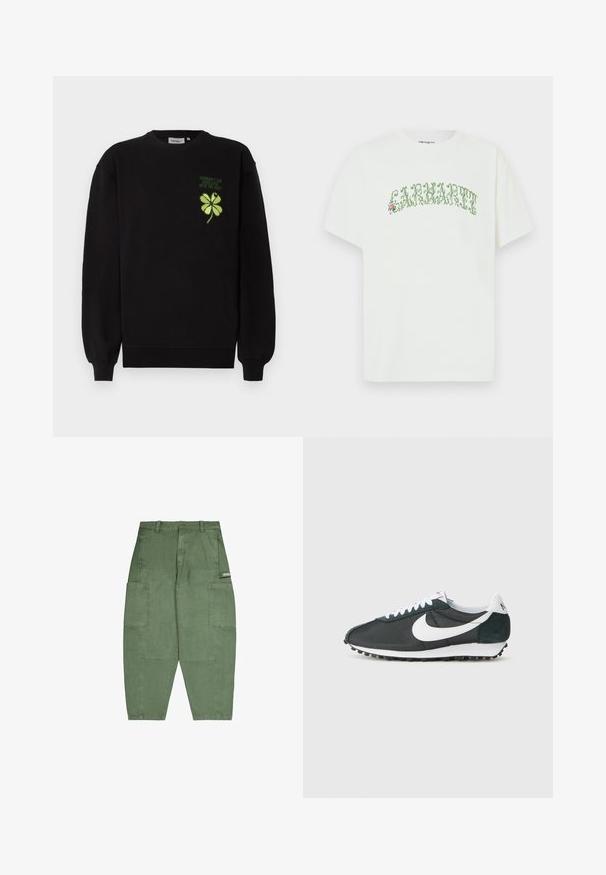 Schwarzer Pullover aus weichem Stoff mit grün gesticktem vierblättrigen Kleeblatt und Text auf der Brust. Gerippte Bündchen und Saum.; Weißes Baumwoll-T-Shirt mit kurzen Ärmeln und Rundhalsausschnitt, versehen mit grünem Textdesign und floralen Akzenten.; Grüne Cargo-Hose aus Baumwolle, ausgestattet mit mehreren großen Taschen, lockerer Passform und Knopfverschluss an der Taille. Weiche Textur und matte Oberfläche.; Nike-Sneaker aus schwarzem Mesh mit weißem Swoosh, weißen Schnürsenkeln und dunkelgrünen Wildlederakzenten. Verfügt über eine strukturierte schwarze Gummisohle.