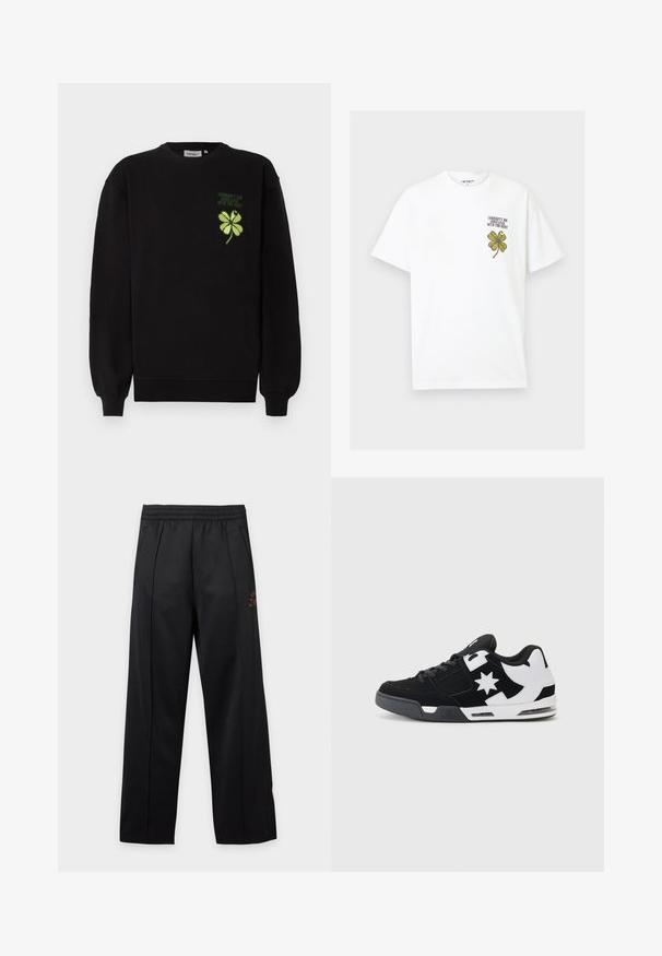 Sort sweatshirt af blødt stof med et grønt broderet firekløver og tekst på brystet. Ribstrikkede ærmegab og kant.; Hvid bomulds t-shirt med et grønt firekløver grafik og teksten "Carhartt WIP Good Luck With the Rest" broderet på brystet.; Sorte bukser med vidde ben, elastisk linning og sidelommer, med subtile lodrette sømme og minimal tekst på højre lår.; Sort og hvid sneakers lavet af ruskind og mesh. Har et fremtrædende stjernelogo og dristige detaljer på siden, samt en polstret sål.