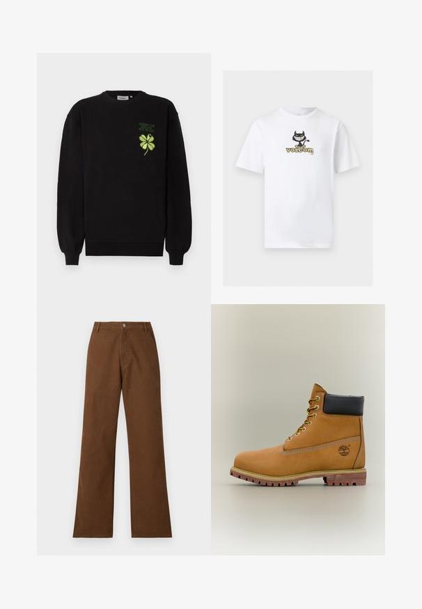 Sort sweatshirt af blødt stof med et grønt broderet firekløver og tekst på brystet. Ribstrikkede ærmegab og kant.; Hvid T-shirt med korte ærmer med et centreret motiv af en sort tegneserie-djævel på et skateboard over teksten "volcom" i beige og sort.; Brune bomuldsbukser med lige ben, knaplukning og to forlommer. Glat tekstur uden synlige mønstre eller udsmykninger.; Brun læderankelstøvle med sort krave, gule snørebånd og tanfarvet sål. Har logo og hvide syninger som detalje. Robust ydersål med greb.