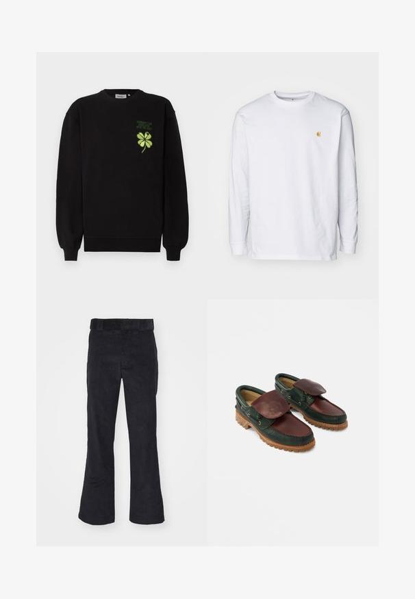 Sudadera negra confeccionada con tela suave, con un trébol de cuatro hojas bordado en verde y texto en el pecho. Puños y dobladillo acanalados.; Camiseta de manga larga blanca de algodón. Cuenta con un pequeño logo dorado en el pecho y un cuello redondo. Diseño simple y corte estándar.; Pantalones de pana negros con un corte relajado, que presentan una cinturilla clásica y piernas acampanadas, textura suave y sin patrones o acentos visibles.; Zapatos de cuero con cuerpo verde oscuro, parte superior burdeos, puntera redonda, solapa asegurada y suela de caucho texturizada con crestas.
