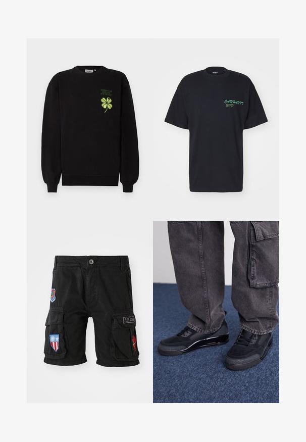 Sudadera negra confeccionada con tela suave, con un trébol de cuatro hojas bordado en verde y texto en el pecho. Puños y dobladillo acanalados.; Carhartt WIP GELATO - Camiseta estampada - black; Pantalones cortos de carga negros hechos de algodón, con múltiples bolsillos, parches bordados en rojo, azul y verde, y un cierre de botón en la cintura.; Zapatillas deportivas negras con una superficie texturizada, acentos suaves y una suela gruesa, combinadas con pantalones cargo oscuros y holgados.